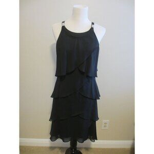 S.L. Fashions Black Sleeveless Tiered Chiffon Dress W/ Rhinestone Straps - Size